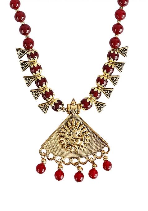 Red Beads Triangle Ganesh Pendant Necklace For Women