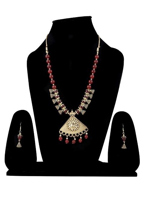 Red Beads Triangle Ganesh Pendant Necklace For Women