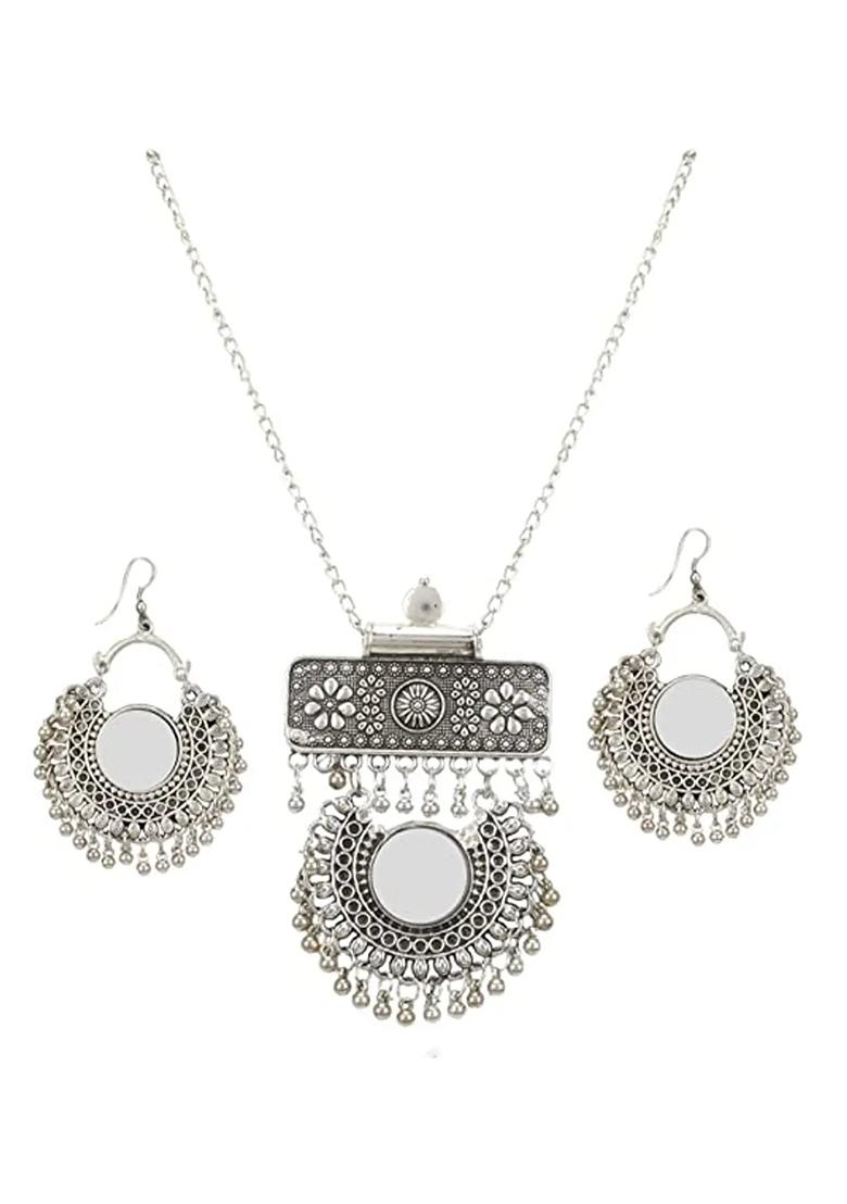 Single Round Mirror Long Necklace With Earrings For Women