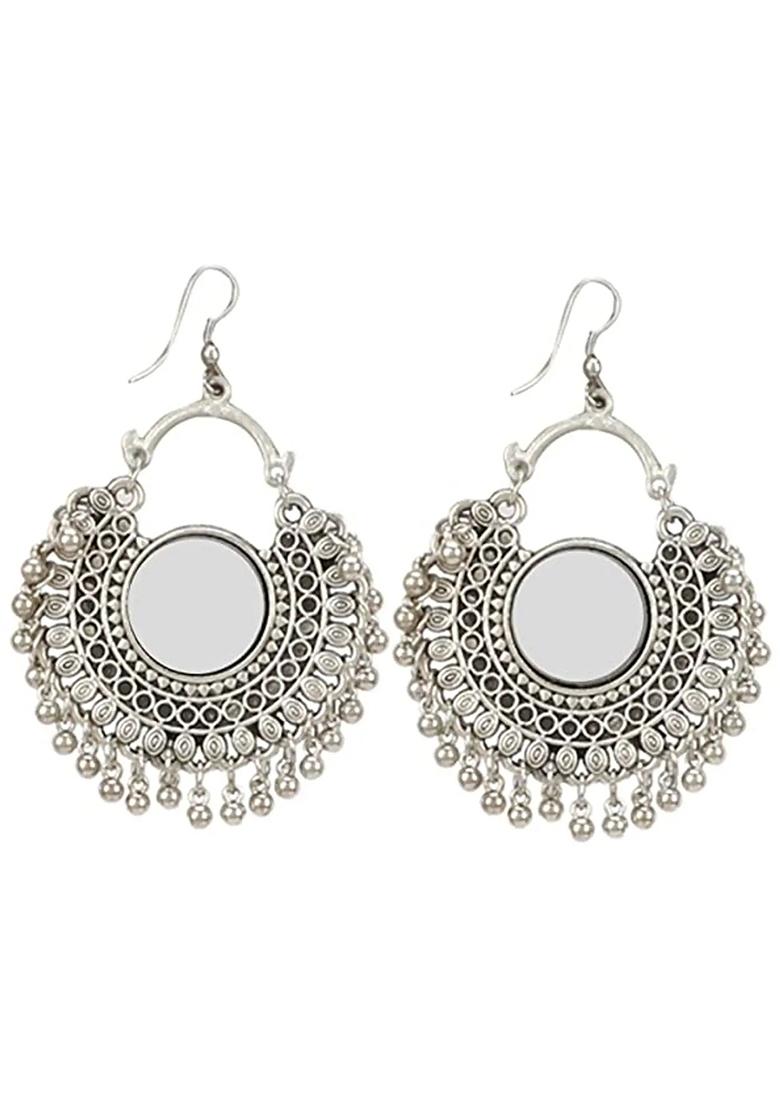 Single Round Mirror Long Necklace With Earrings For Women