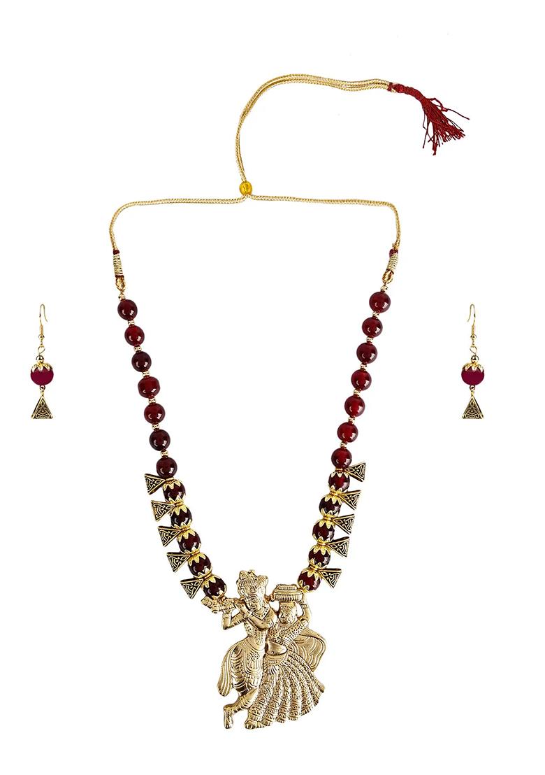 Maroon Triangle Beads Radha Krishna Pendant Necklace For Women