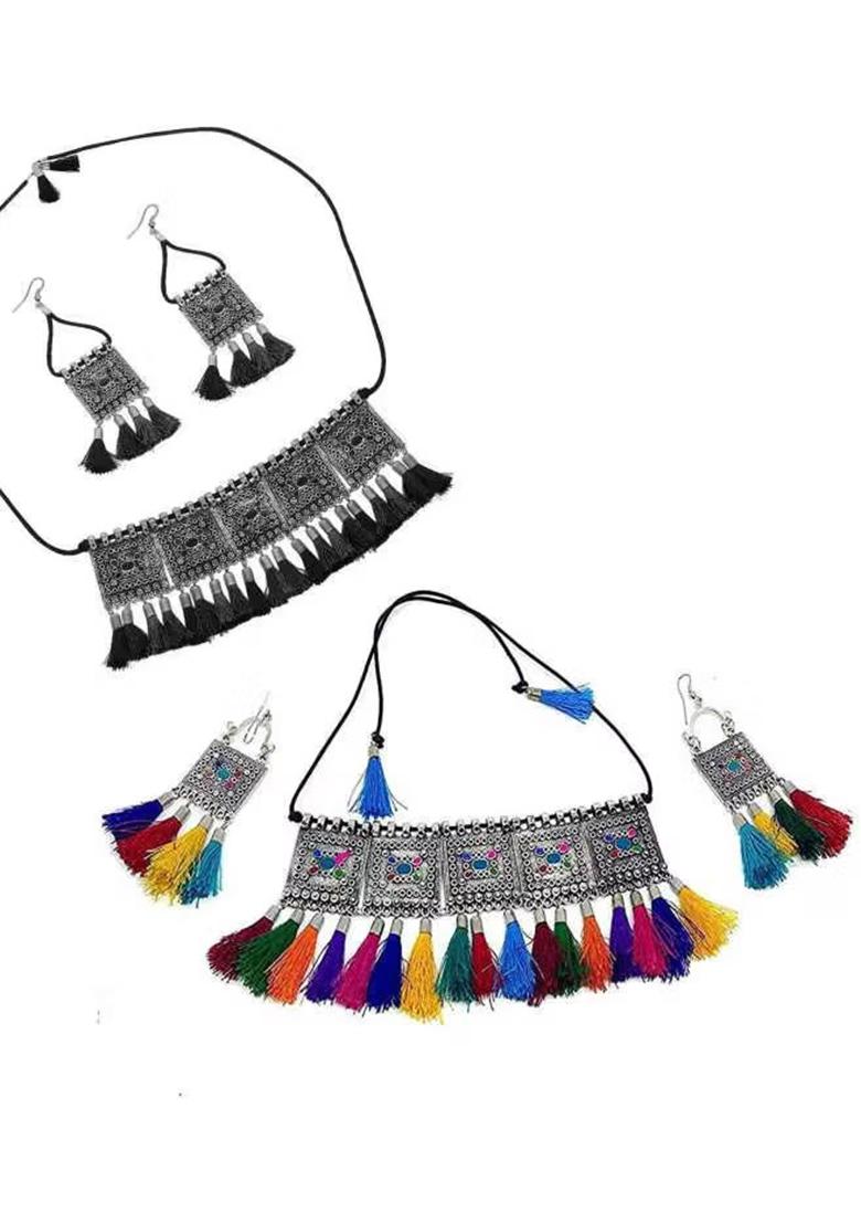 Black And Multi Color Tassel Long Necklace For Women