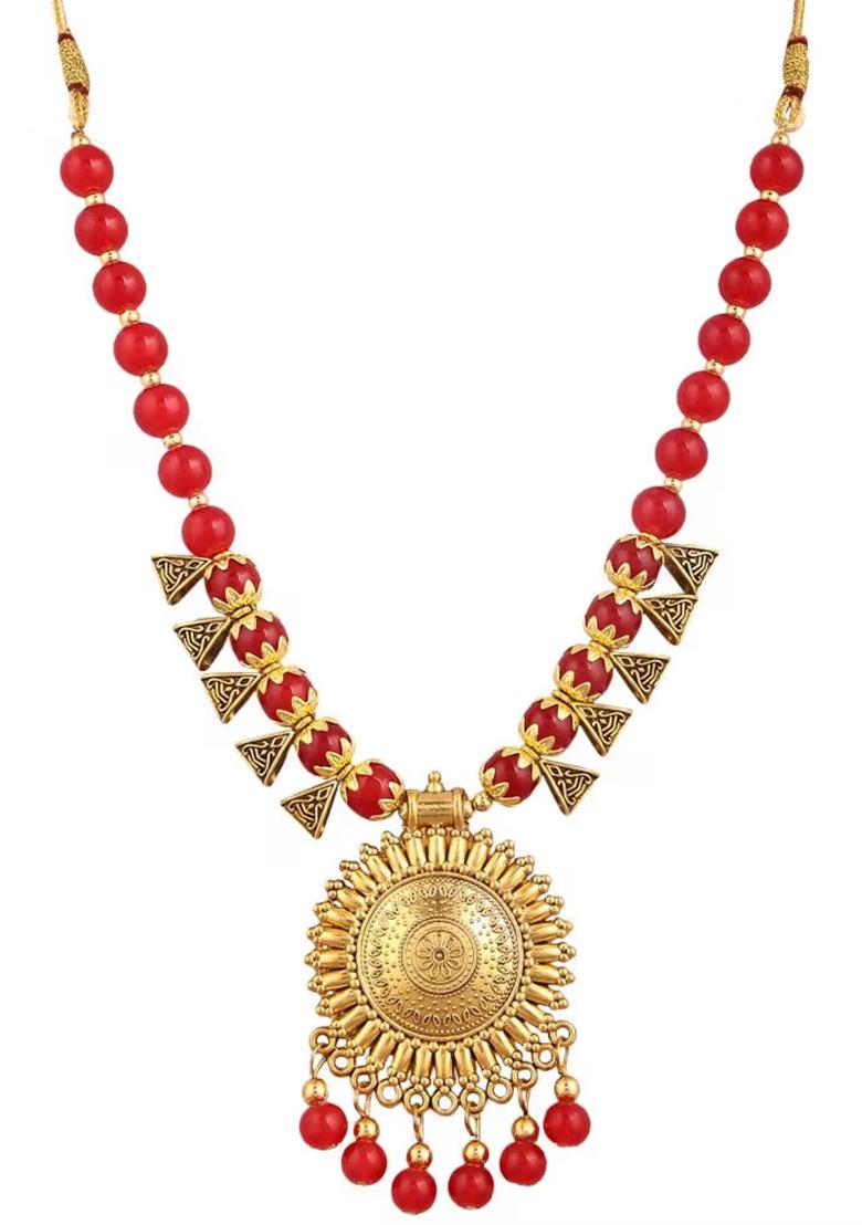 Red And Triangle Beads Sun Pendant Necklace Set For Women