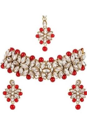 Golden Leaf And Red Beads Necklace Set For Women