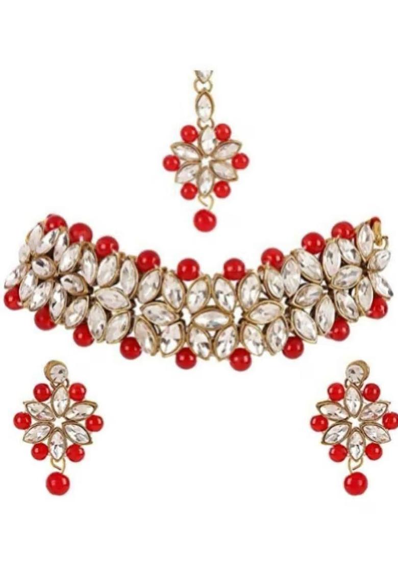 Golden Leaf And Red Beads Necklace Set For Women