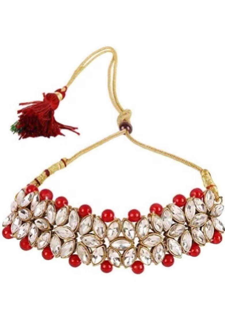 Golden Leaf And Red Beads Necklace Set For Women