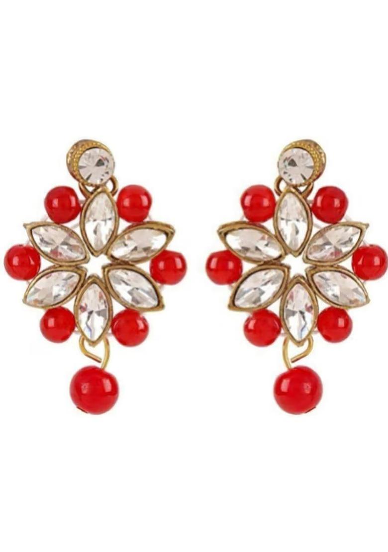 Golden Leaf And Red Beads Necklace Set For Women