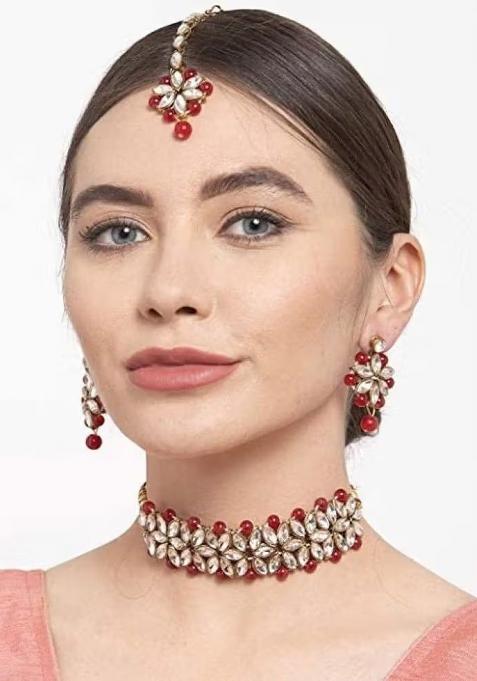 Golden Leaf And Red Beads Necklace Set For Women