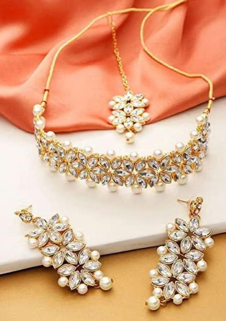 Golden Leaf White Beads Necklace Set For Women