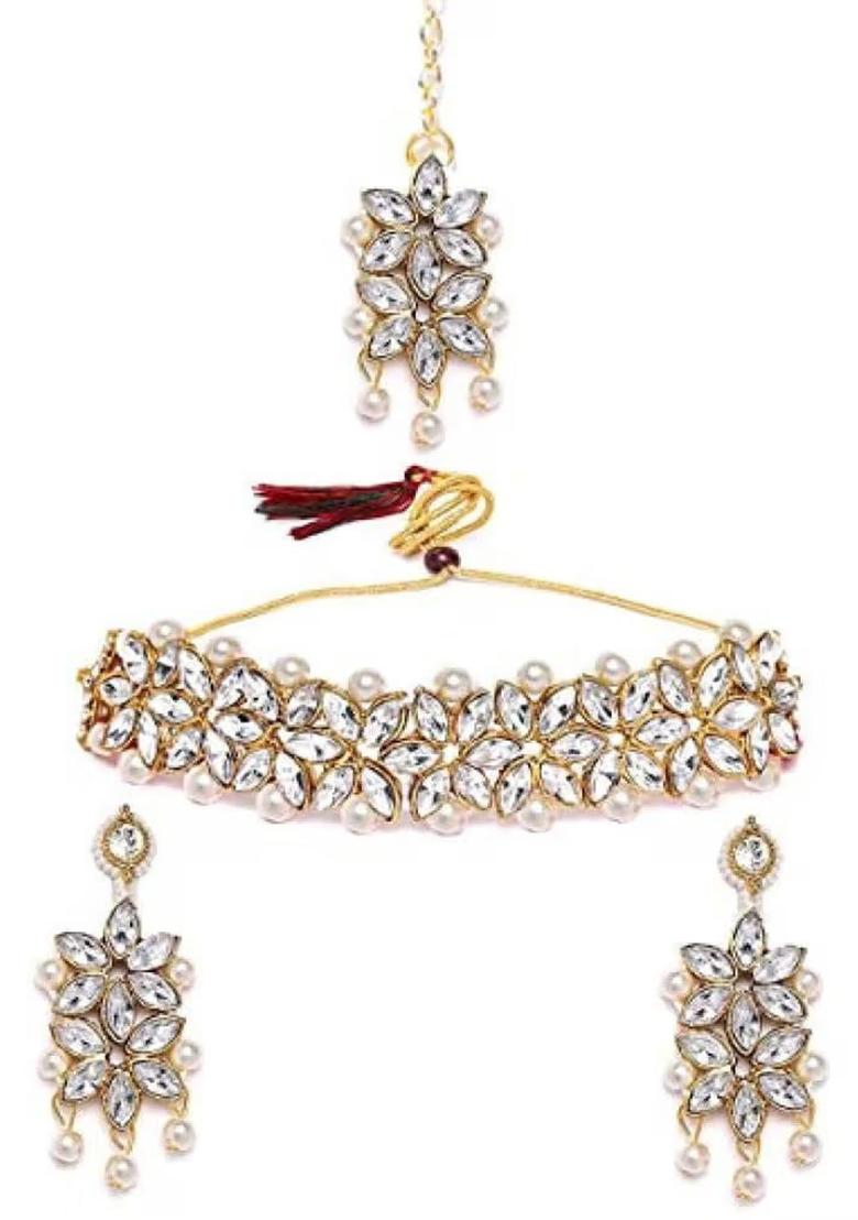 Golden Leaf White Beads Necklace Set For Women