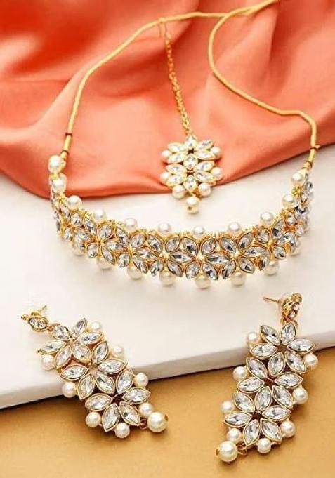 Golden Leaf White Beads Necklace Set For Women