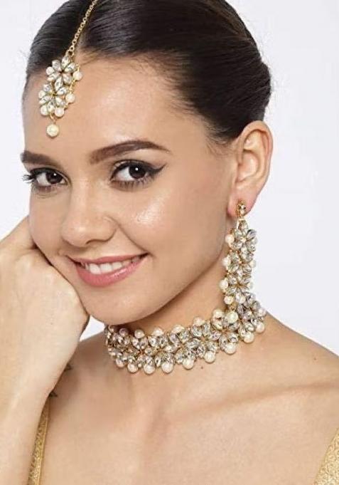 Golden Leaf White Beads Necklace Set For Women