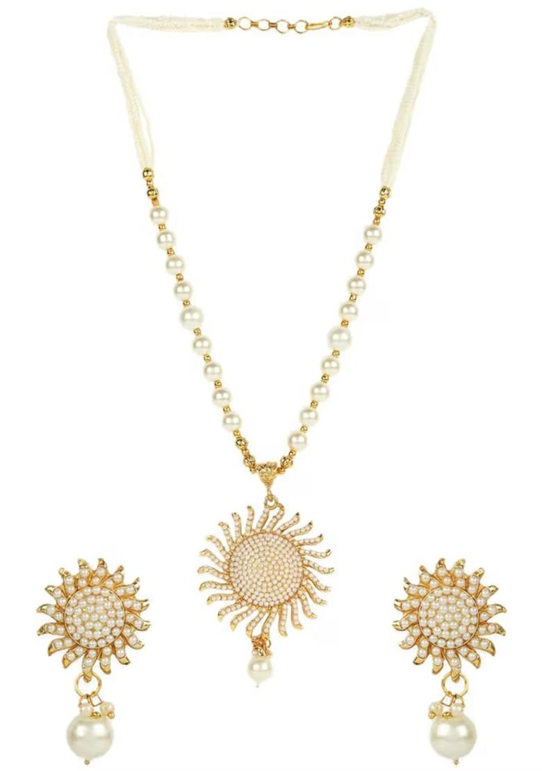 Golden Sun Pendant With White Beads Necklace For Women