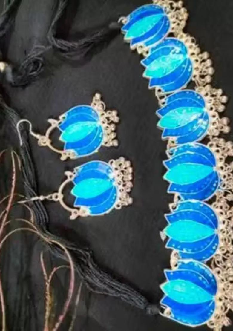 Blue Lotus Design Choker Necklace Set For Women