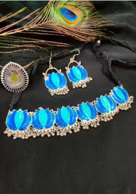Blue Lotus Design Choker Necklace Set For Women