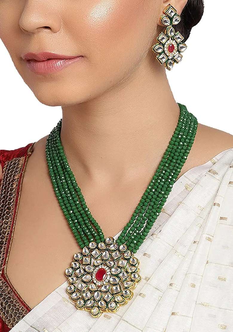 Green Crystal Necklace Set For Women - Indya