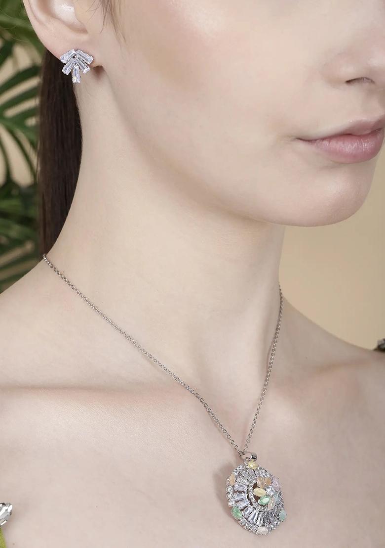 Multi Ad Necklace Set For Women With Sparkling Stones And Matching Earrings For Festive Wear