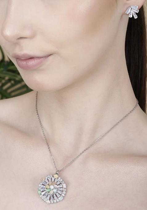 Multi Ad Necklace Set For Women With Sparkling Stones And Matching Earrings For Festive Wear