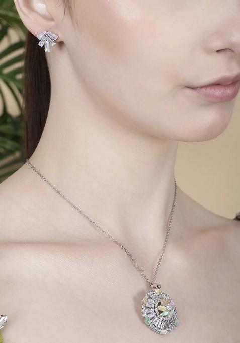 Multi Ad Necklace Set For Women With Sparkling Stones And Matching Earrings For Festive Wear