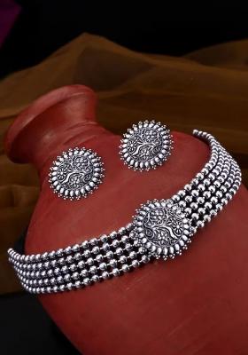 Silver Oxidised Dotted Choker For Women With Intricate Plant Design Center Pendant And Traditional Look