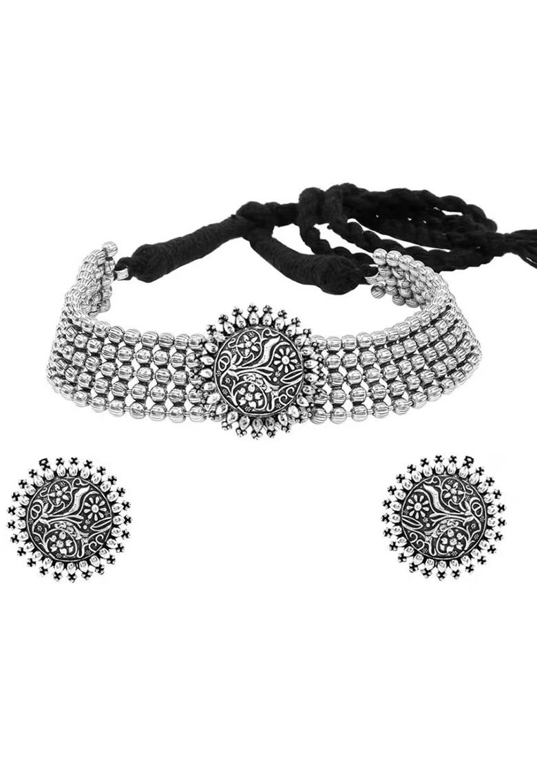Silver Oxidised Dotted Choker For Women With Intricate Plant Design Center Pendant And Traditional Look