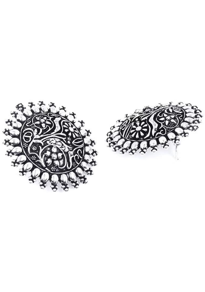 Silver Oxidised Dotted Choker For Women With Intricate Plant Design Center Pendant And Traditional Look