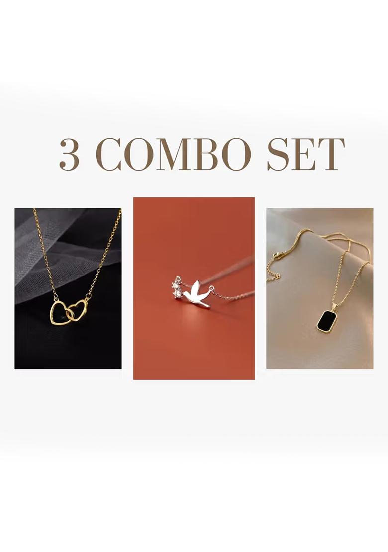 Gold Heart, Bird And Rectangle Pendant Chain Combo For Women (Set Of 3)