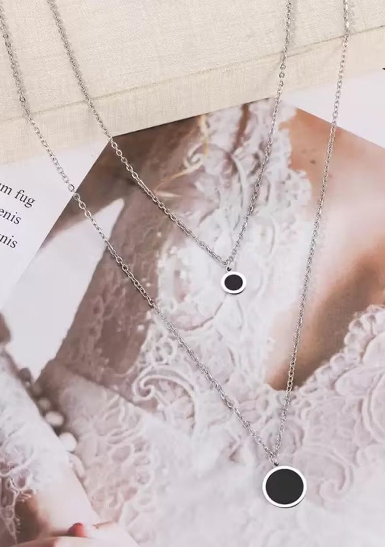 Silver Double Layer Silver Chain With Black Round Accent For Women