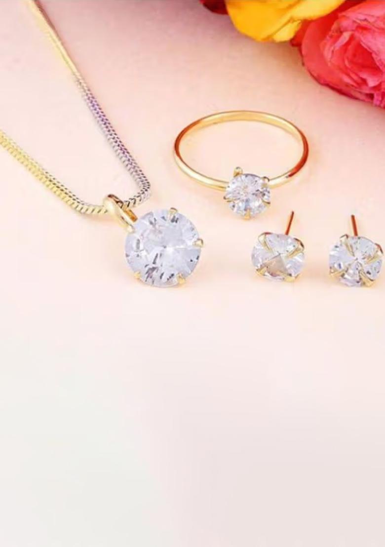 Gold Single Stone Pendant Chain Combo For Women