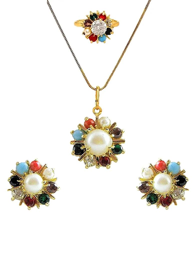 Multi Colorful Navratan Pendant Chain Set For Women