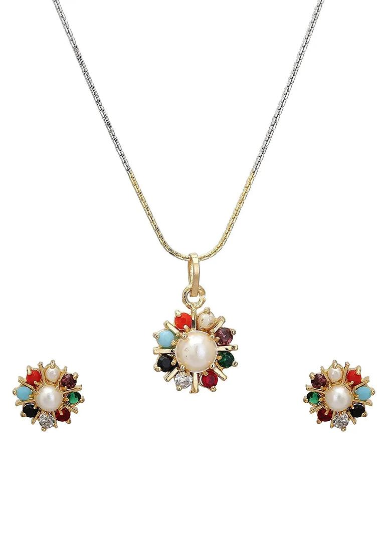 Multi Colorful Navratan Pendant Chain Set For Women