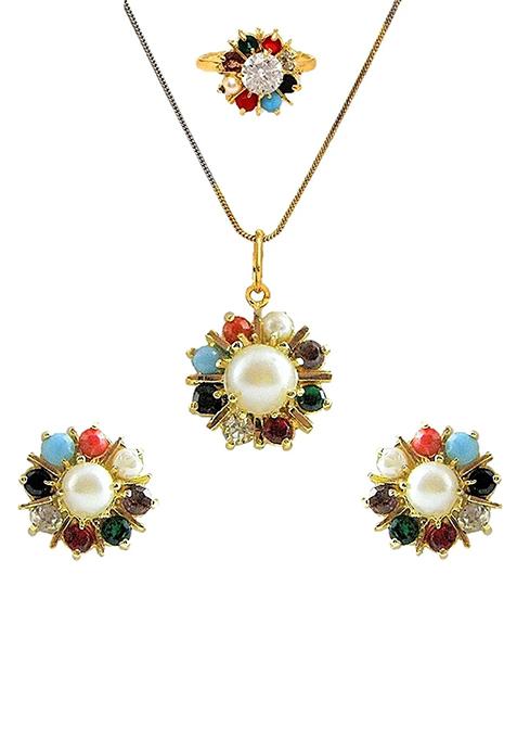 Multi Colorful Navratan Pendant Chain Set For Women