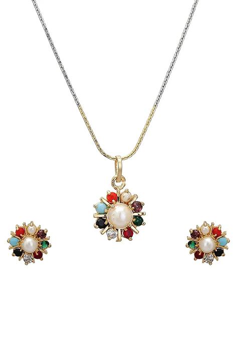 Multi Colorful Navratan Pendant Chain Set For Women