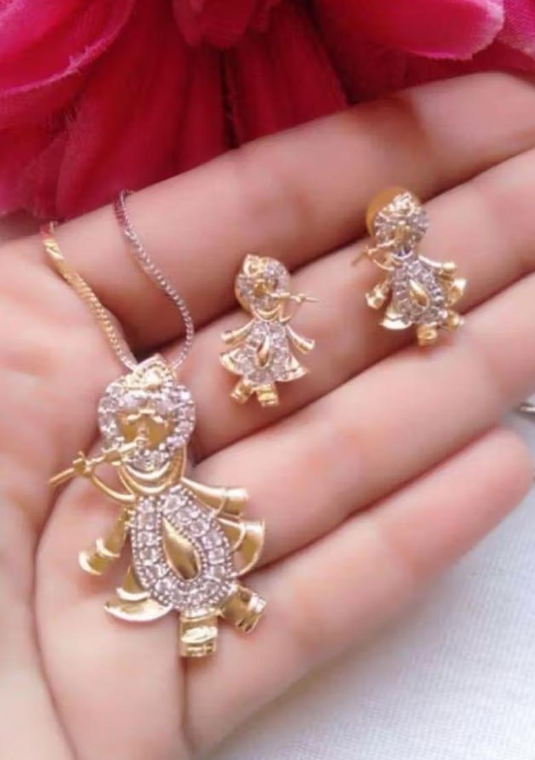 White Kanha With Flute Ad Pendant Chain Set For Women