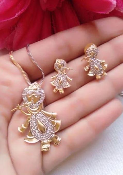 White Kanha With Flute Ad Pendant Chain Set For Women