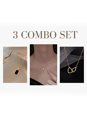 Gold Black Rectangle, Drop, And Heart In Heart Pendant Chain Combo For Women