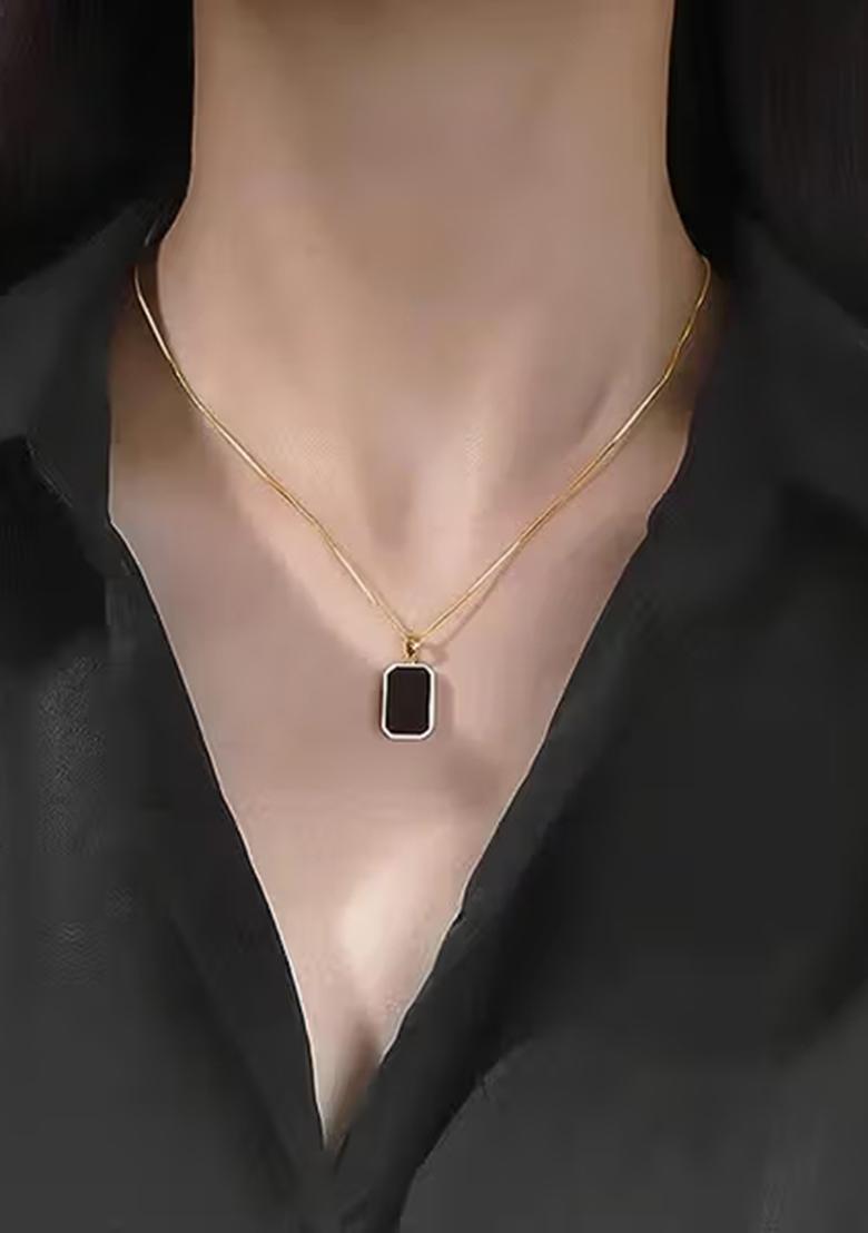 Gold Black Rectangle, Drop, And Heart In Heart Pendant Chain Combo For Women