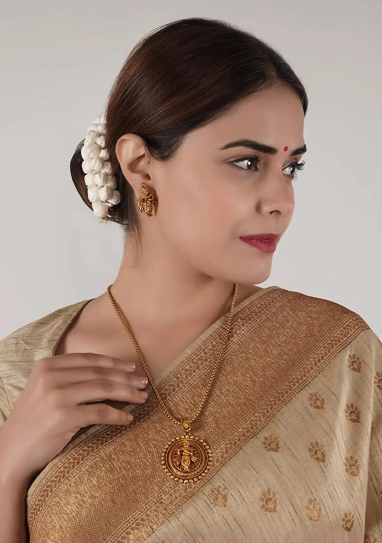 Gold Krishna With Flute Pendant Chain Set For Women