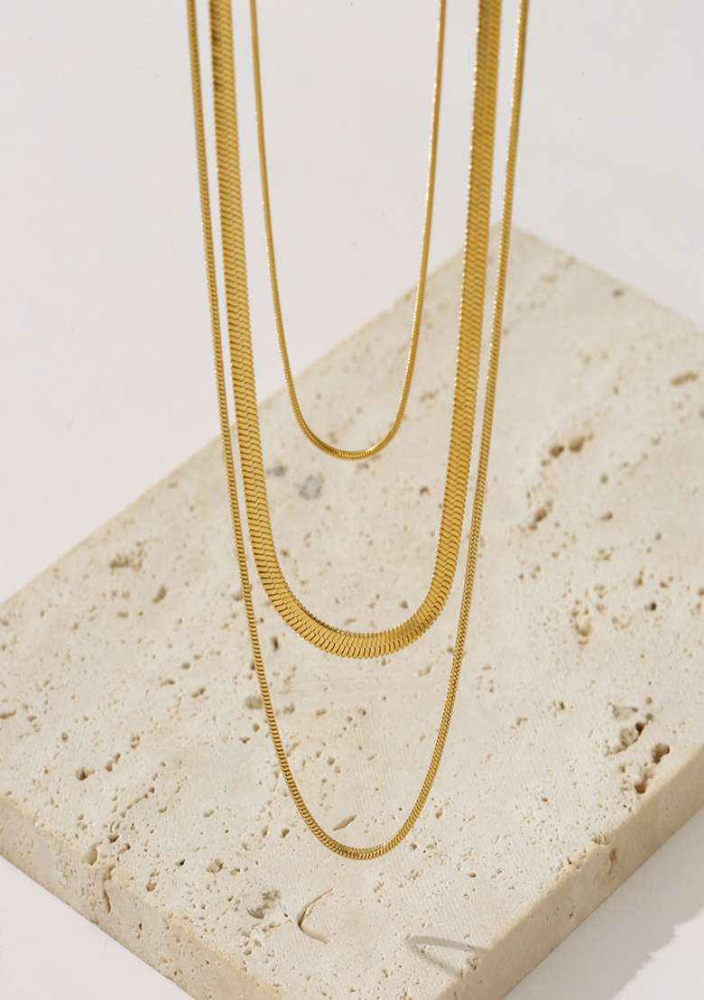 18K Gold Plated Anti Tarnish Minimal Triple Layered Snake Chain Necklace - Indya