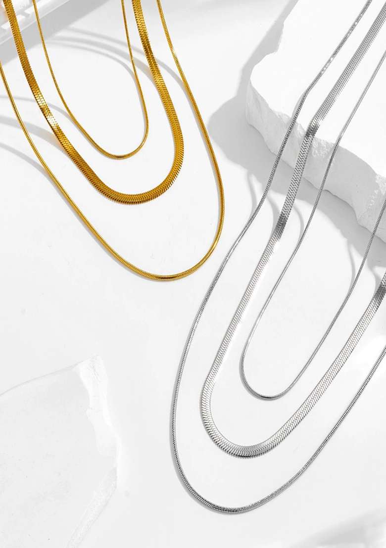 18K Silver Plated Anti Tarnish Minimal Triple Layered Snake Chain Necklace - Indya