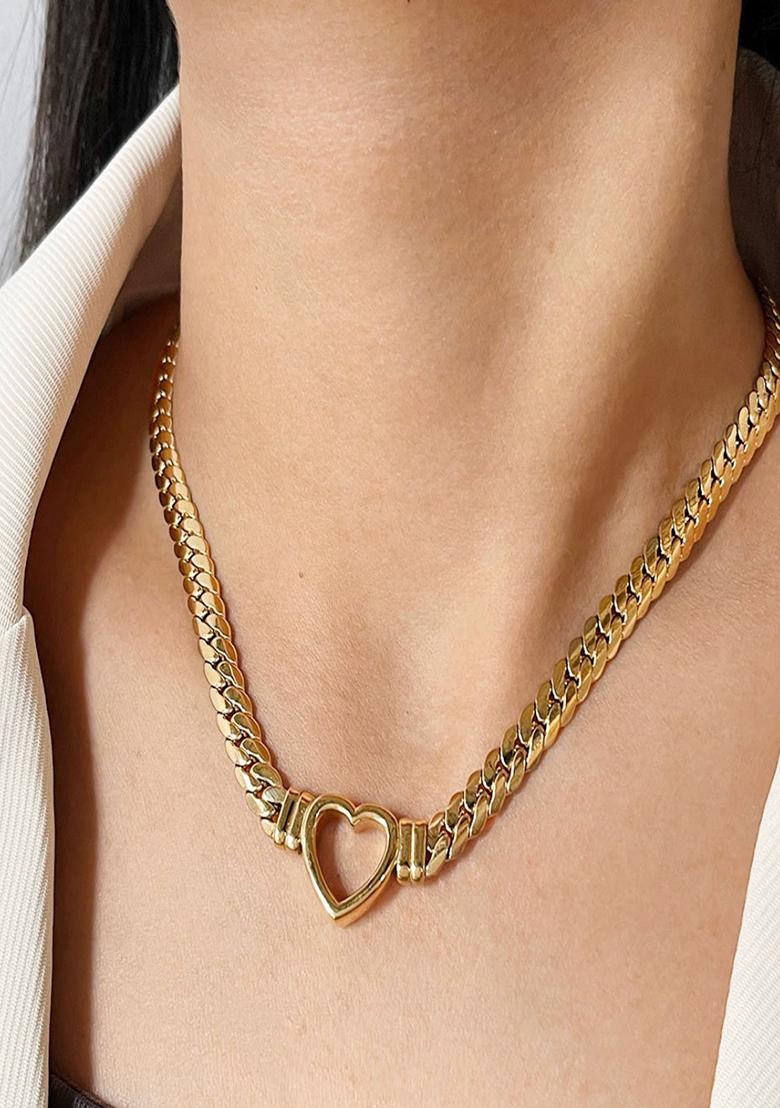 18K Gold Plated Anti Tarnish Thick Chain Heart Necklace, Statement Jewelry - Indya