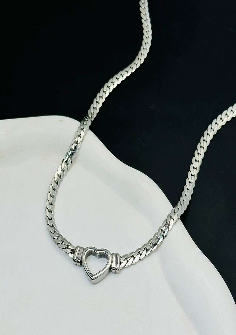 18K Silver Plated Anti Tarnish Thick Chain Heart Necklace, Statement Jewelry - Indya