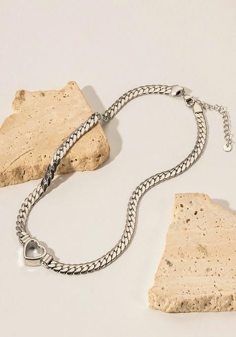 18K Silver Plated Anti Tarnish Thick Chain Heart Necklace, Statement Jewelry