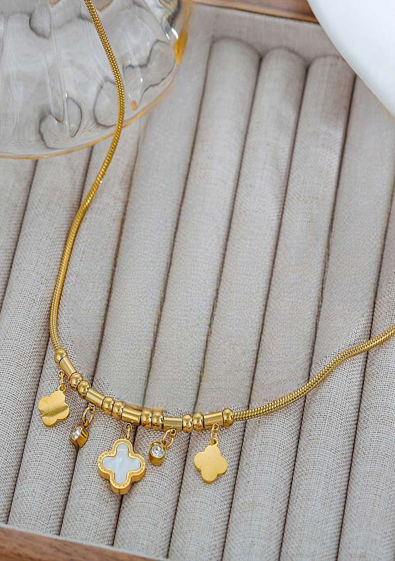 18K Gold Plated Anti Tarnish White Clover And Zircon Drops Charm Necklace - Indya