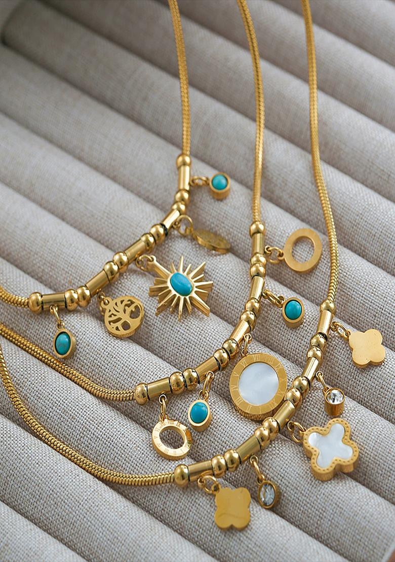 18K Gold Plated Anti Tarnish White Clover And Zircon Drops Charm Necklace - Indya