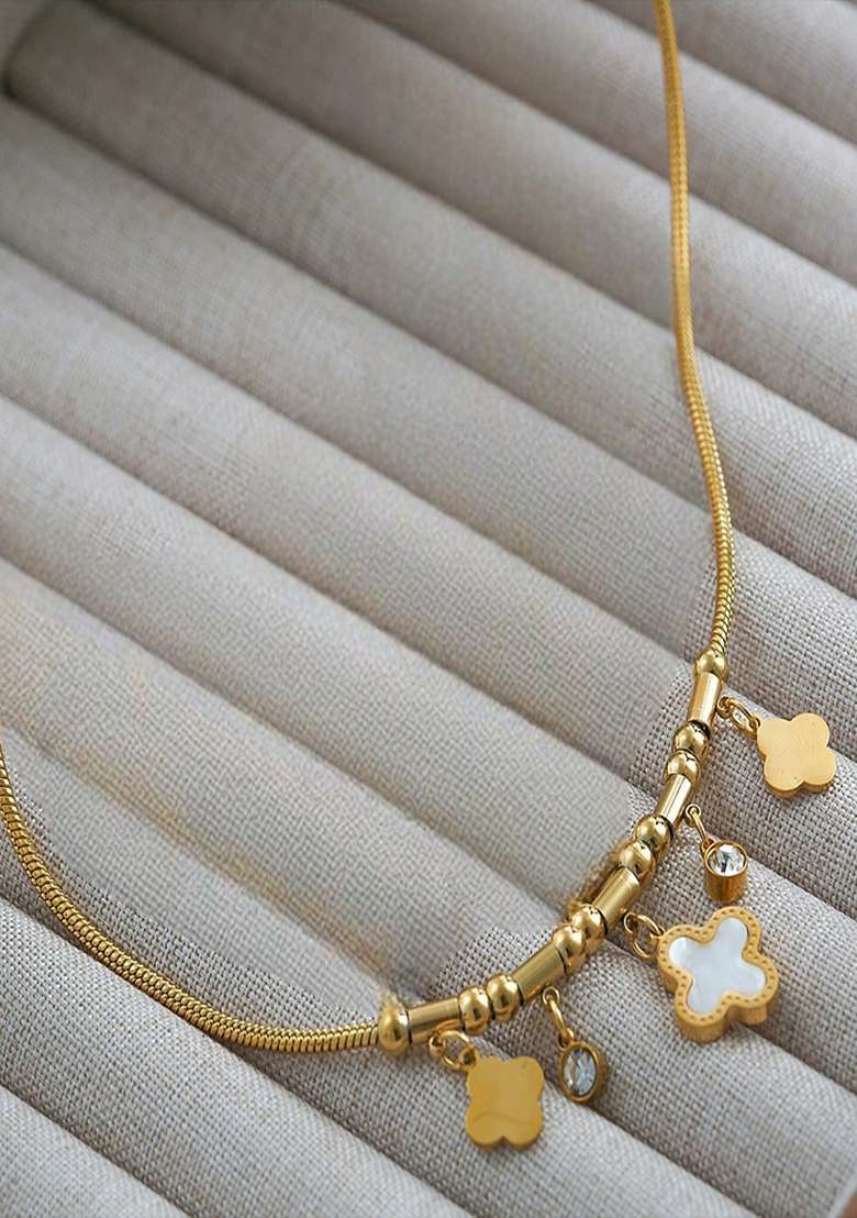 18K Gold Plated Anti Tarnish White Clover And Zircon Drops Charm Necklace - Indya
