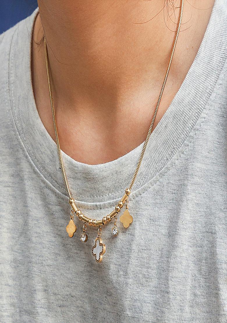 18K Gold Plated Anti Tarnish White Clover And Zircon Drops Charm Necklace - Indya