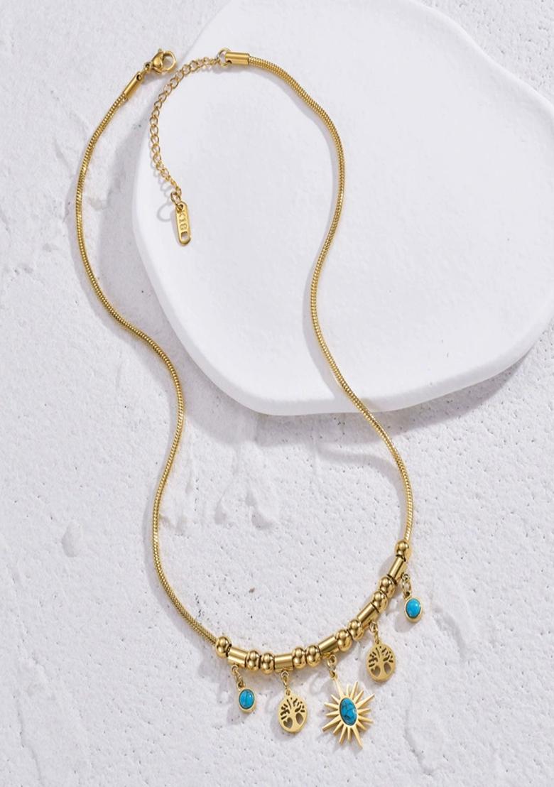 18K Gold Plated Anti Tarnish Blue Star And Tree Drops Charm Necklace - Indya