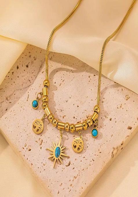 18K Gold Plated Anti Tarnish Blue Star And Tree Drops Charm Necklace
