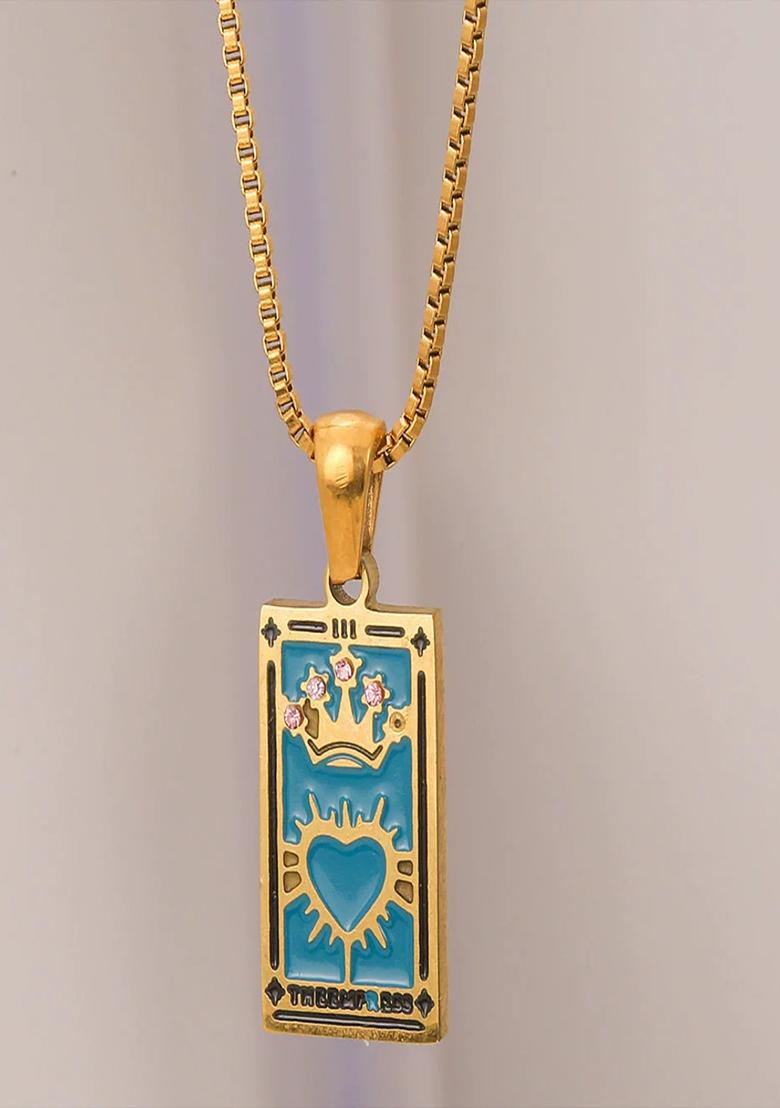 18K Gold Plated Anti Tarnish Blue The Empress Zircon Tarot Pendant Necklace - Indya